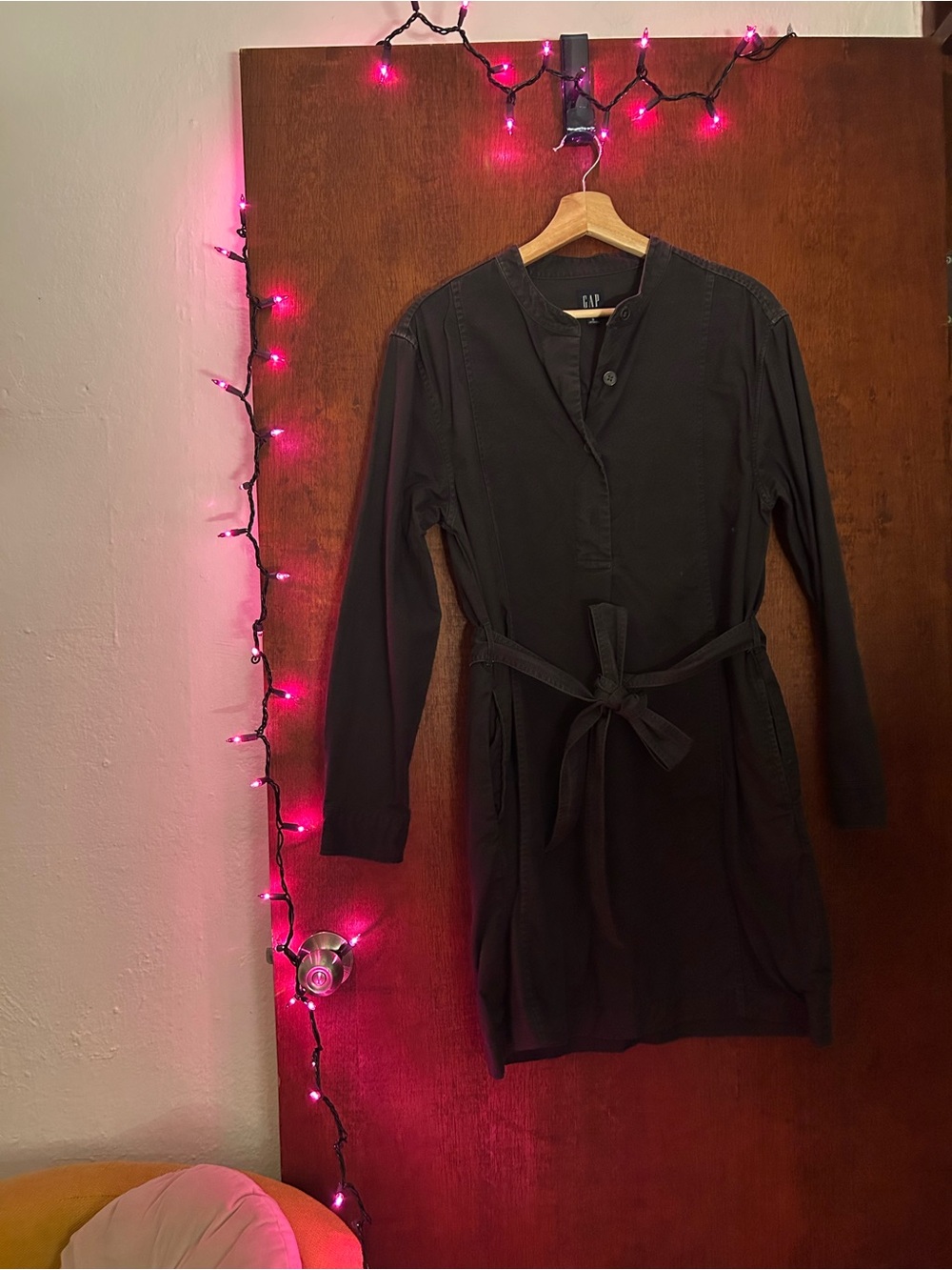 GAP Black Long-Sleeve Belted Shirt Dress with Pockets